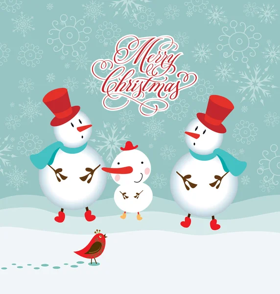 Feliz familia divertida de tres muñecos de nieve saludo tarjeta de Navidad Feliz Navidad letras — Vector de stock