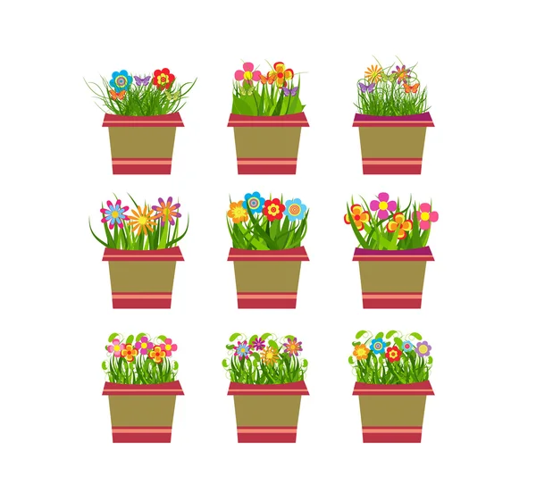 Flores de primavera en macetas — Vector de stock
