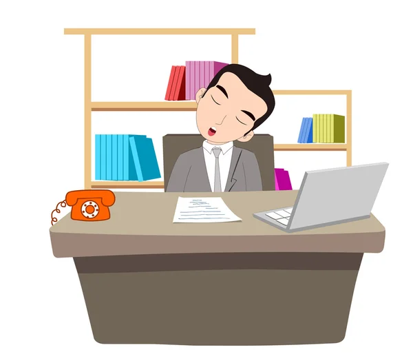 Businessman sleeping at work table over laptop — Stock Vector