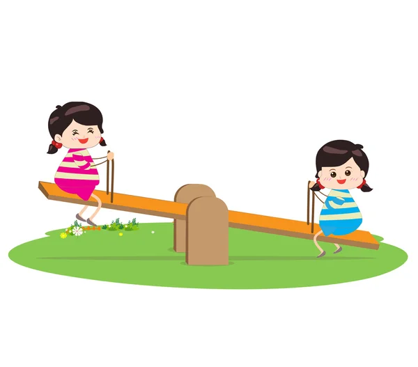 Zwei Mädchen spielen Reiten auf Wippe — Stockvektor