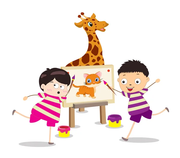 Crianças dos desenhos animados com tela de pintura — Vetor de Stock