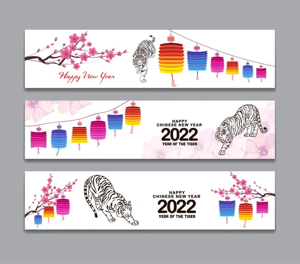 Vodorovné Bannery Ruční Kresbou Rok Tygra Šťastný Čínský Nový Rok — Stockový vektor