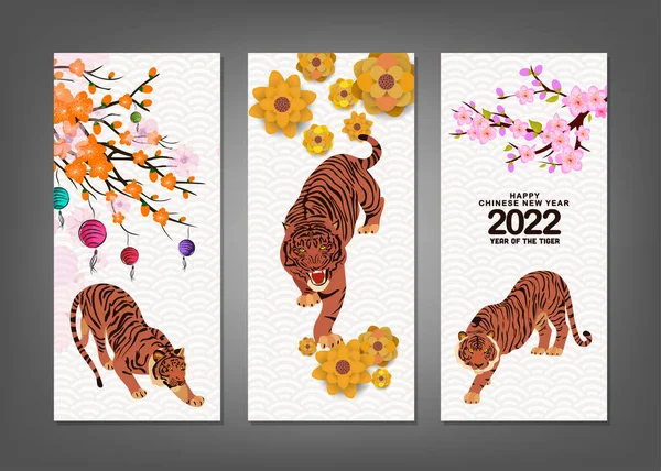 Set Banners Dibujados Mano Vertical Con Año Nuevo Chino 2022 — Archivo Imágenes Vectoriales