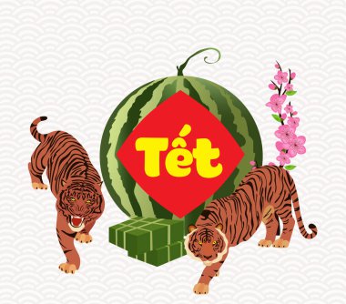 2022 yılındaki Vietnam takviminde pişirilmiş kare glutinous pirinç keki ve çiçek. (Vietnamlı yeni yılı. Çeviri: Tet Lunar Yeni Yıl, Kaplan Yılı