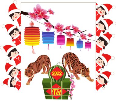 2022 yılındaki Vietnam takviminde pişirilmiş kare glutinous pirinç keki ve çiçek. (Vietnamlı yeni yılı. Çeviri: Tet Lunar Yeni Yıl, Kaplan Yılı