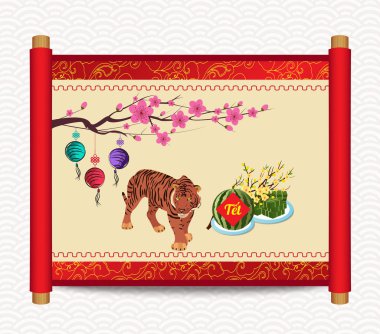 2022 yılındaki Vietnam takviminde pişirilmiş kare glutinous pirinç keki ve çiçek. (Vietnamlı yeni yılı. Çeviri: Tet Lunar Yeni Yıl, Kaplan Yılı