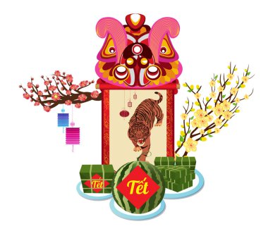 2022 'de Vietnam' da kare şeklinde pirinç keki ve çiçek açmıştı. Kaplan Yılı. Çeviri: Tet Ay Yeni Yıl