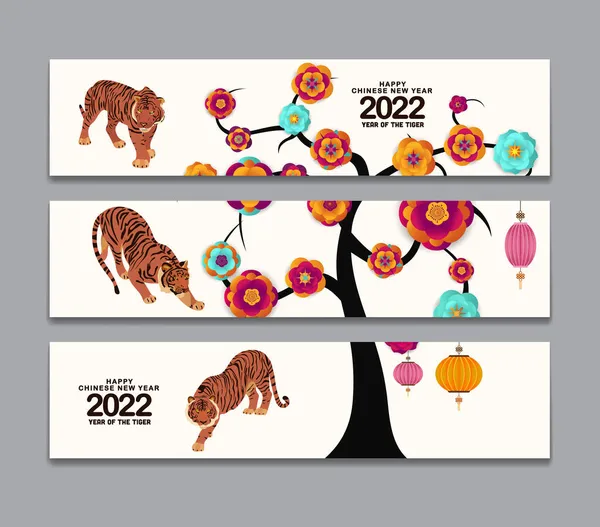 Vodorovné Bannery Ruční Kresbou Rok Tygra Šťastný Čínský Nový Rok — Stockový vektor