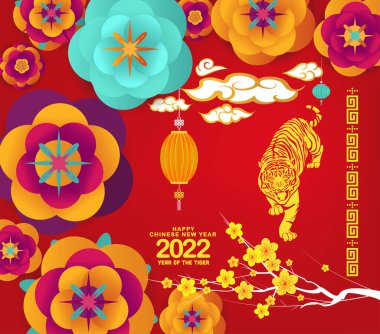 Çin yeni yılı Tiger 2022. Çiçek ve fener arka planı. Mutlu Çin Yeni Yılı 2022, kaplan yılı