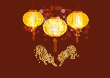 Geleneksel Sarı Çin feneri 2022 Çin Yeni Yılı için dekore edildi. Kaplan Yılı