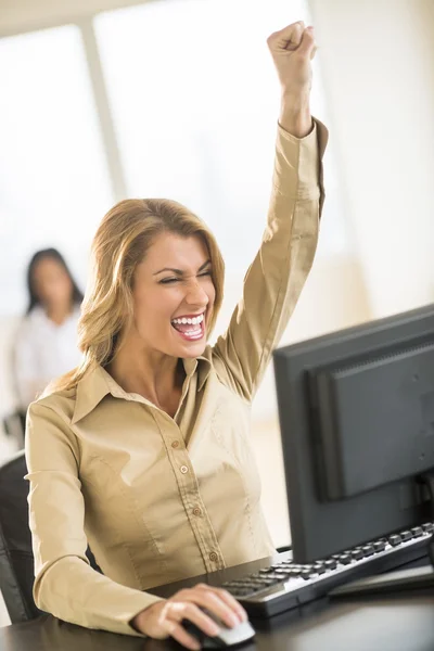 Donna d'affari che celebra il successo mentre si utilizza il computer alla scrivania — Foto Stock