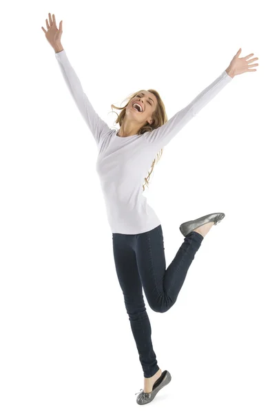 Mujer joven emocionada con los brazos levantados — Foto de Stock