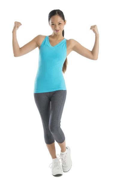 Fit Mujer En Ropa Deportiva Flexing Muscles — Foto de Stock