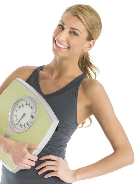 Happy Woman In Sports Clothing Holding Weight Scale — Stock Photo, Image