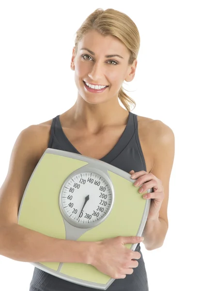 Happy Young Woman Holding Weight Scale — Stock Photo, Image