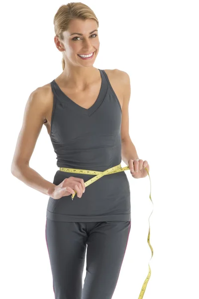 Happy Woman Measuring Her Waistline — Stock Photo, Image