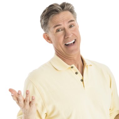 mutlu bir adam beyaz arka plan üzerinde el hareketi