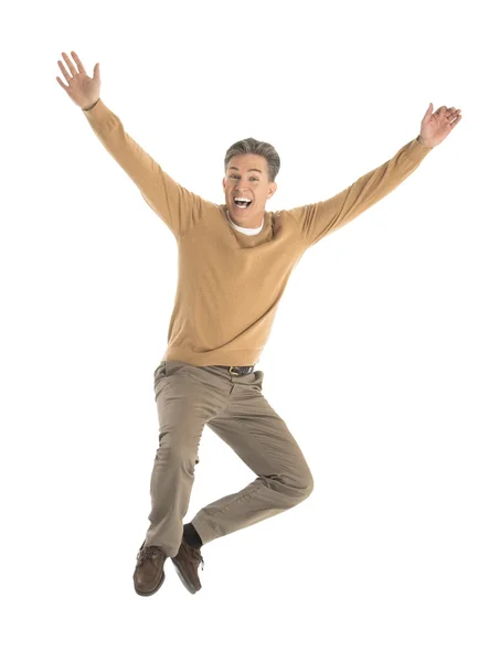 Hombre alegre saltando sobre fondo blanco —  Fotos de Stock