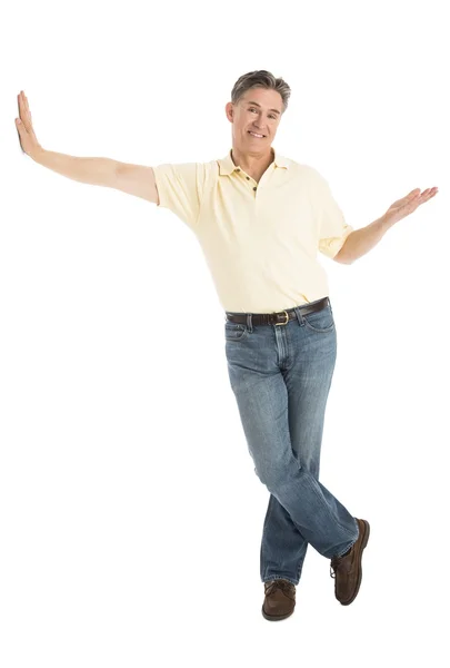 Happy Man Gesturing While Leaning Over White Background — Stock Photo, Image