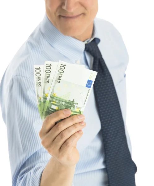 Midsection Of Businessman Showing One Hundred Euro Banknotes — Stock Photo, Image