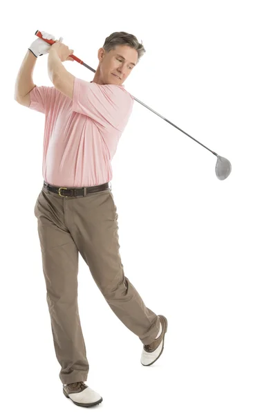 Adam beyaz arka plan hareketli golf club — Stok fotoğraf