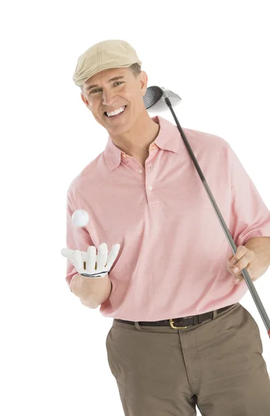 Retrato de homem feliz com clube de golfe e bola — Fotografia de Stock