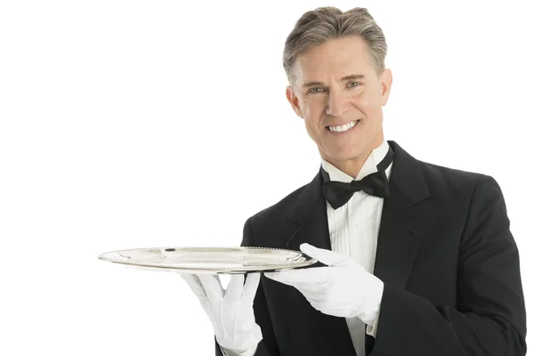 Confident Waiter In Tuxedo Holding Serving Tray — Stock Photo, Image