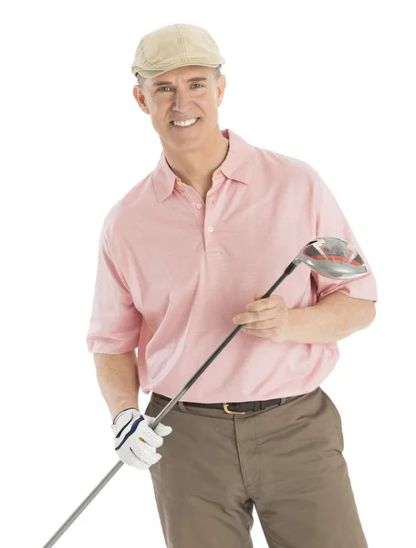 Boldog ember, aki Golf Club, fehér háttér — Stock Fotó