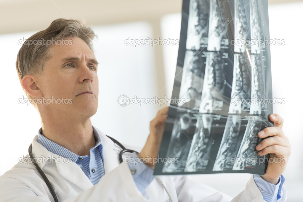 Doctor Analyzing X-Ray Report In Clinic