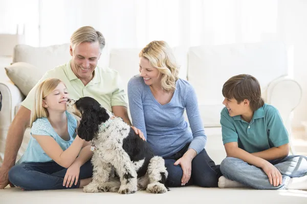 Meisje met hond terwijl kijken naar haar familie spelen — Stockfoto