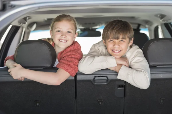 Happy Brother And Sister Leaning On Car Seat — Stock Photo, Image