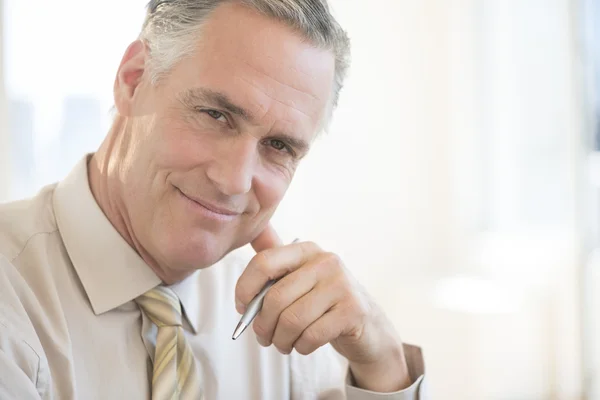 Selbstbewusster Geschäftsmann lächelt im Amt — Stockfoto