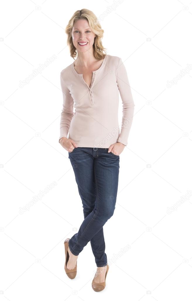 Beautiful Woman Standing Hands In Pockets Over White Background