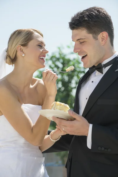 Braut füttert Bräutigam mit Hochzeitstorte — Stockfoto