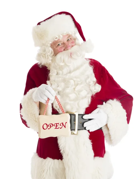 Portrait Of Santa Claus Holding Open Sign — Stock Photo, Image