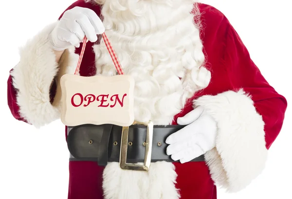 Midsection Of Santa Claus Holding Open Sign — Stock Photo, Image