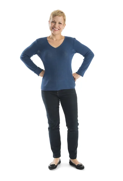 Happy Woman In Casuals Standing With Hands On Hips — Stock Photo, Image