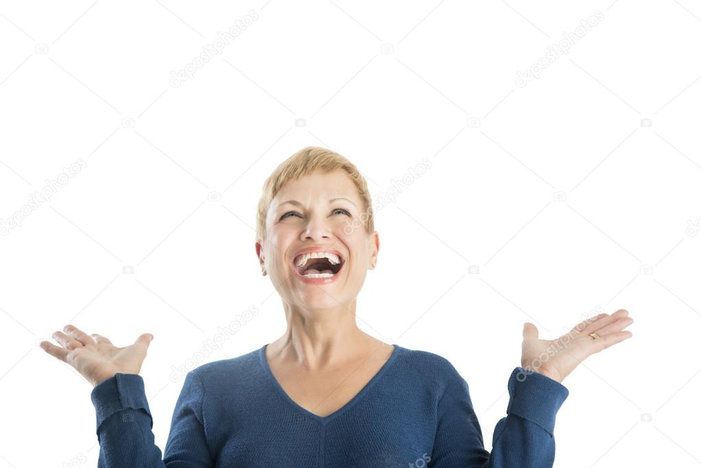 Cheerful Woman With Hands Raised Looking Up