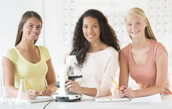 Tienermeisjes met Microscoop aan balie in scheikunde klasse — Stockfoto