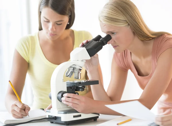 Mikroskop kullanarak notlar arkadaşıyla öğrenci — Stok fotoğraf