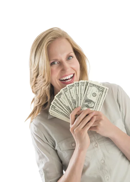 Woman Holding Fanned One Dollar Bills — Stock Photo, Image