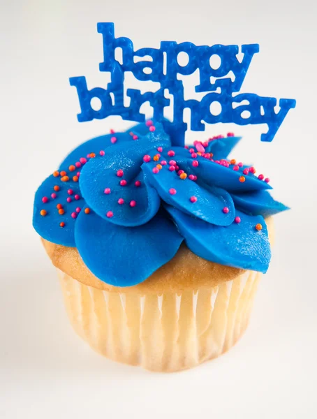 Vanilla Cupcake with Bright Blue Icing and Happy Birthday Sign