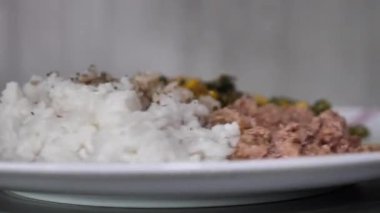 Ton balığı ve sebzeli pirinç dürt.