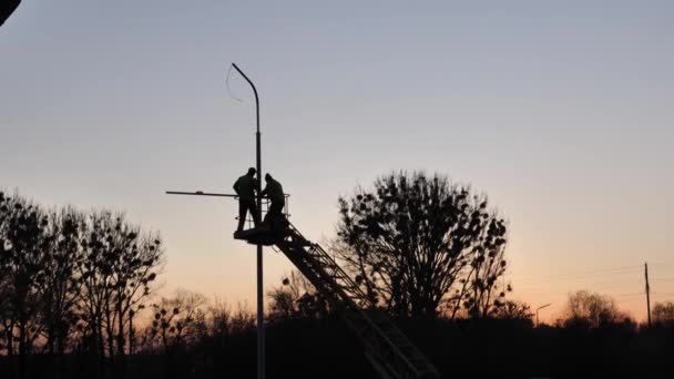 日没時の電気技師は街灯を設置する — ストック動画