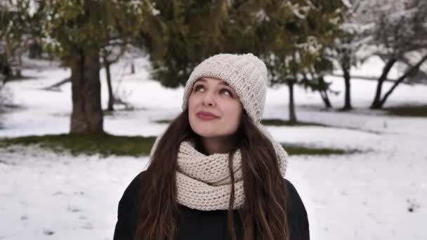 幸せな女性は冬の森の中を歩く — ストック動画