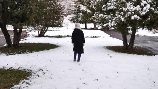 Giovane donna cammina nella foresta invernale — Video Stock