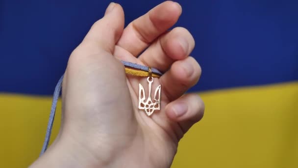 Ukrainian state emblem in hand of the flag — Stock Video