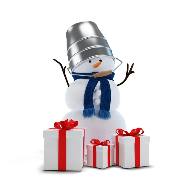 Muñeco de nieve con un cubo y regalos —  Fotos de Stock