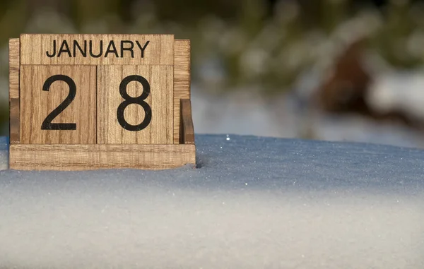 Wooden Calendar January Date Standing Snow Outdoors Nature — Stock Photo, Image