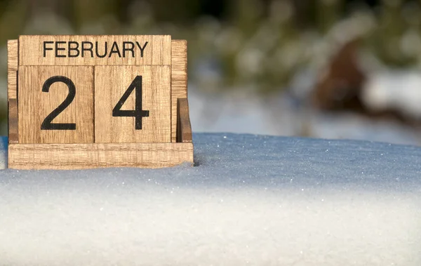 Dřevěný Kalendář Února Datum Stojící Sněhu Venku Přírodě — Stock fotografie